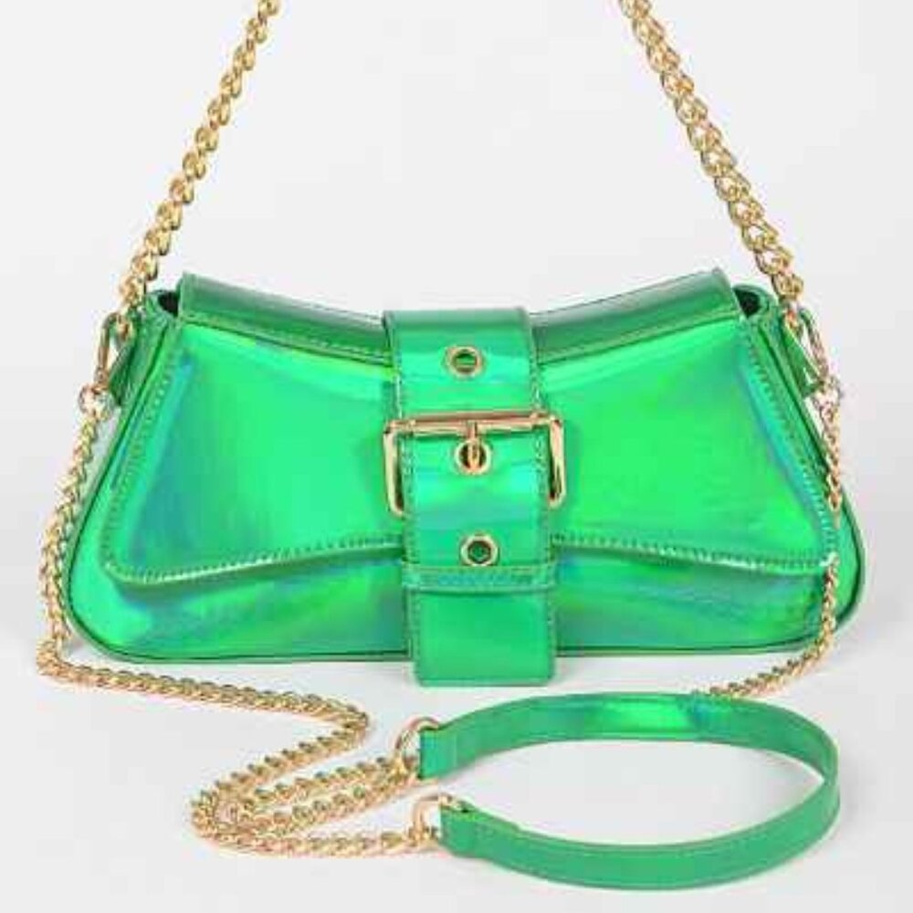Mermaid Metallic Green /Iridescent - Big Gold Buckle Bag/ Chain Straps - NWT